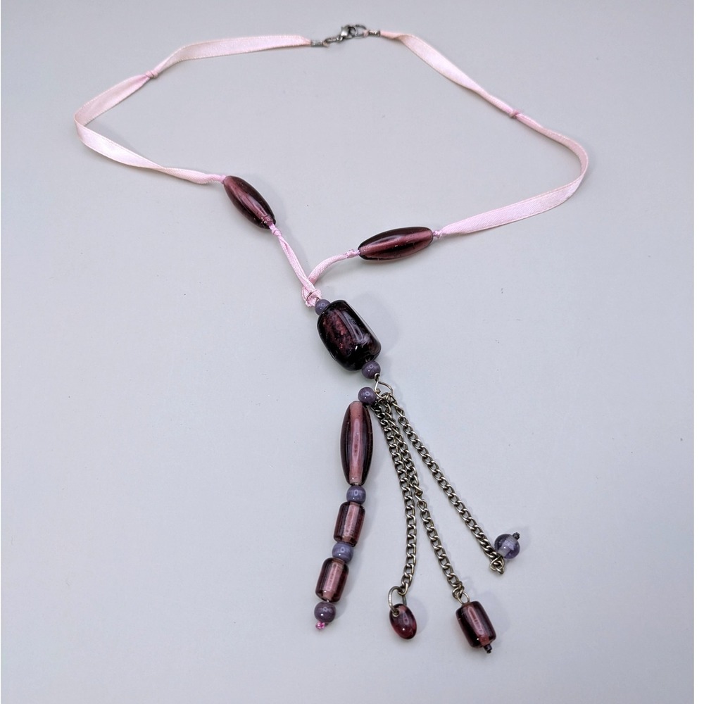 Pink Ribbon Negligee Necklace with Purple‎ Dangling Beads